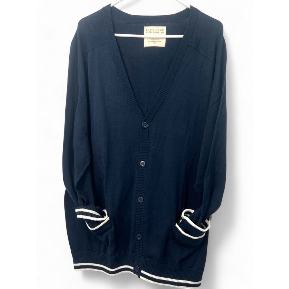New Five Four Nick Wooster 2X Knit Cardigan Sweater Mid Length Oversized Varsity